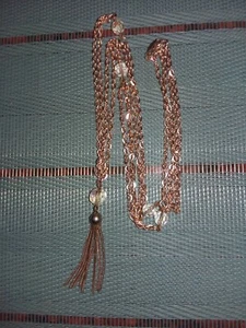 Vintage 70er Jahre goldfarbene Doppelkette Halskette mit Quaste und facettierten Perlen - Bild 1 von 4