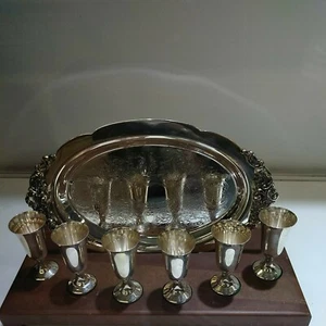 6 Wallace Sterling Silver Cordials Shot Cups W/Wallace Baroque Silverplated Tray - Picture 1 of 10