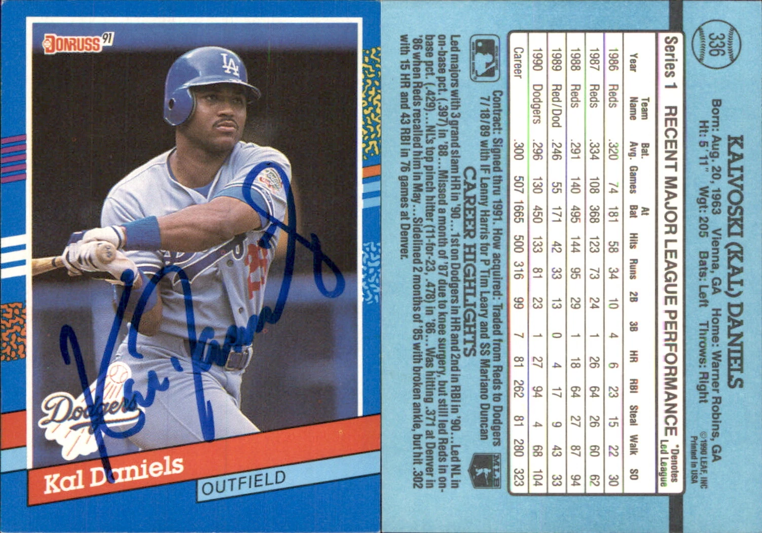 Kal Daniels Signed 1991 Donruss #336a Card Los Angeles Dodgers Auto AU