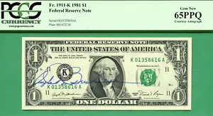 COURTESY AUTOGRAPH - ANGELA BUCHANAN - 1981 $1 FRN - PCGS GEM 65 PPQ - DALLAS - Picture 1 of 2