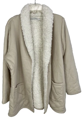 Denim & Co Active Jersey Bonded w/Sherpa Open Front Cardigan Sz L A373191 Ivory - Image 1 of 4