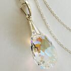925 Silver Necklace Teardrop Pear Pendant Blue Ab Made With Austrian Crystals