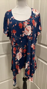 Slinky Brand Top Navy Red Floral Short Sleeves Scoop Neck SZ 2X Shark Bite Hem - Picture 1 of 16