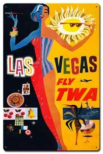 Letrero de hojalata de metal Las Vegas Fly TWA 12"x 15" Mancave Bar Poker Garaje Casino - Imagen 1 de 4