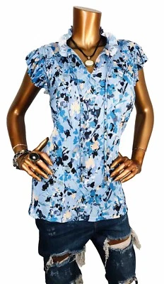Blusa Anne Klein M Top Estampado Floral Sin Mangas Cuello Corbata Azul Logo Camisa Gorra Slv Foto 1 de 4