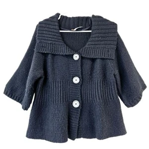 Free People Large Black Chunky Knit Button Front Cardigan Short Sleeve Sweater - Picture 1 of 13