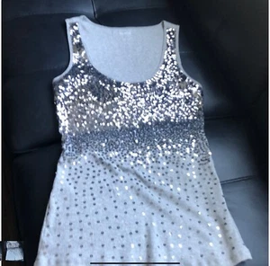 Express Womens M Silver All Over Sequin Front Tank Top Gray Sleeveless Rib Back - Picture 1 of 3