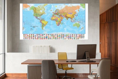 World Map With Flags Wall Chart Mural Educational Print Poster Decor 150x100cm - Image 1 of 4