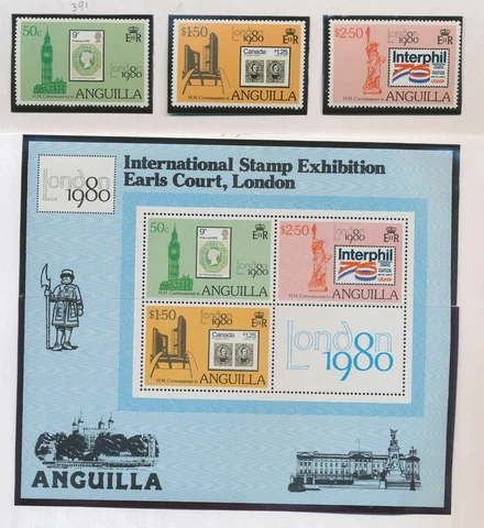 ANGUILLA - Scott 391-393a set & S/S - FVF MNH - London80 Show, stamp-on-stamp Cover