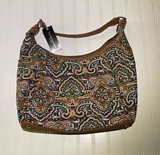 New Tignanello Cotton Hobo Style Hand Bag With Brown And Orange Paisley Style
