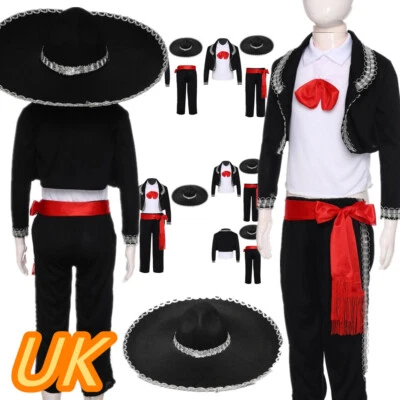 UK Kids Boys Mexican Traditional Mariachi Costume Jacket Top+Pants Big Hat  - Image 1 of 4