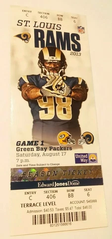 2013 Green Bay Packers St. Louis Rams NFL Football Ticket Stub Los Angeles Cover