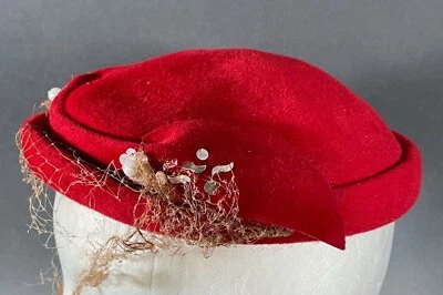 Vintage PUSSY WILLOW Red Felt Velour Halo Hat w/ Decorative Trim Side - Image 1 of 4