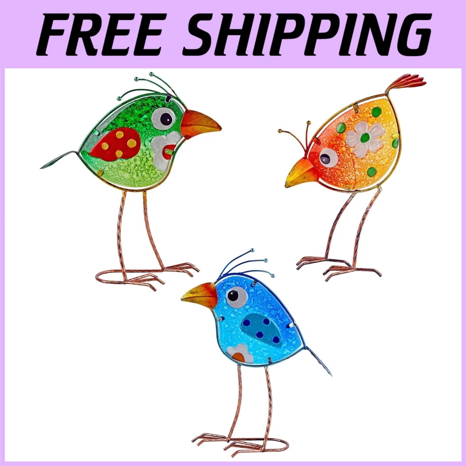 Outdoor Statue Metal Bird Decor Glass Garden Art Decorative for Patio Yard 3pcs