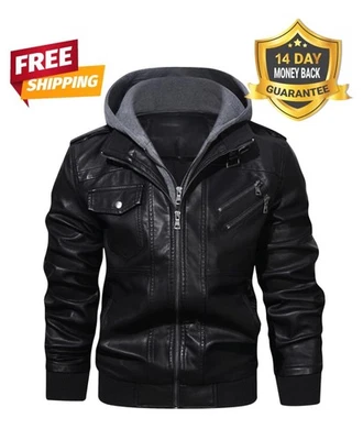 Men’s Cowhide Leather Motorcycle Bomber Jacket With a Removable Hood - Image 1 of 4