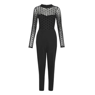 French Connection Black Lea Polka Dot Mesh Jumpsuit Size 8 - Image 1 of 4