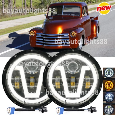 Pair 7" Round LED Headlights Hi/Lo Beam Fit Chevy Truck 3100 1950 1951 1952-1959 - Image 1 of 4