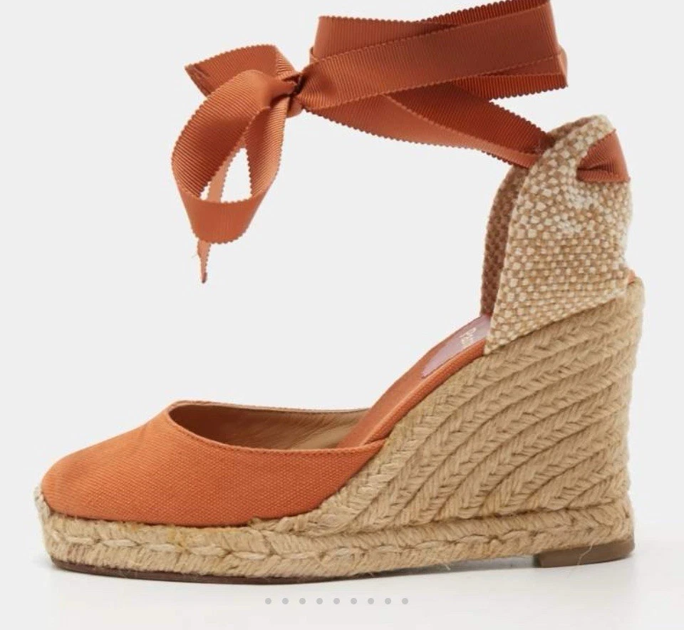 CHRISTIAN LOUBOUTIN BRIGITTE Naranja Lona Alpargata Tacones Cuña Talla 8.5 Foto 1 de 4