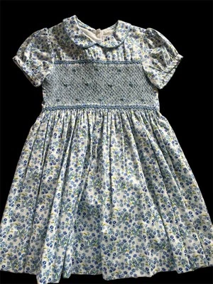 Rachel Riley NWT Blue Floral “Forget Me Not” Smocked Woven Cotton Lined Dress-4T - Image 1 of 4