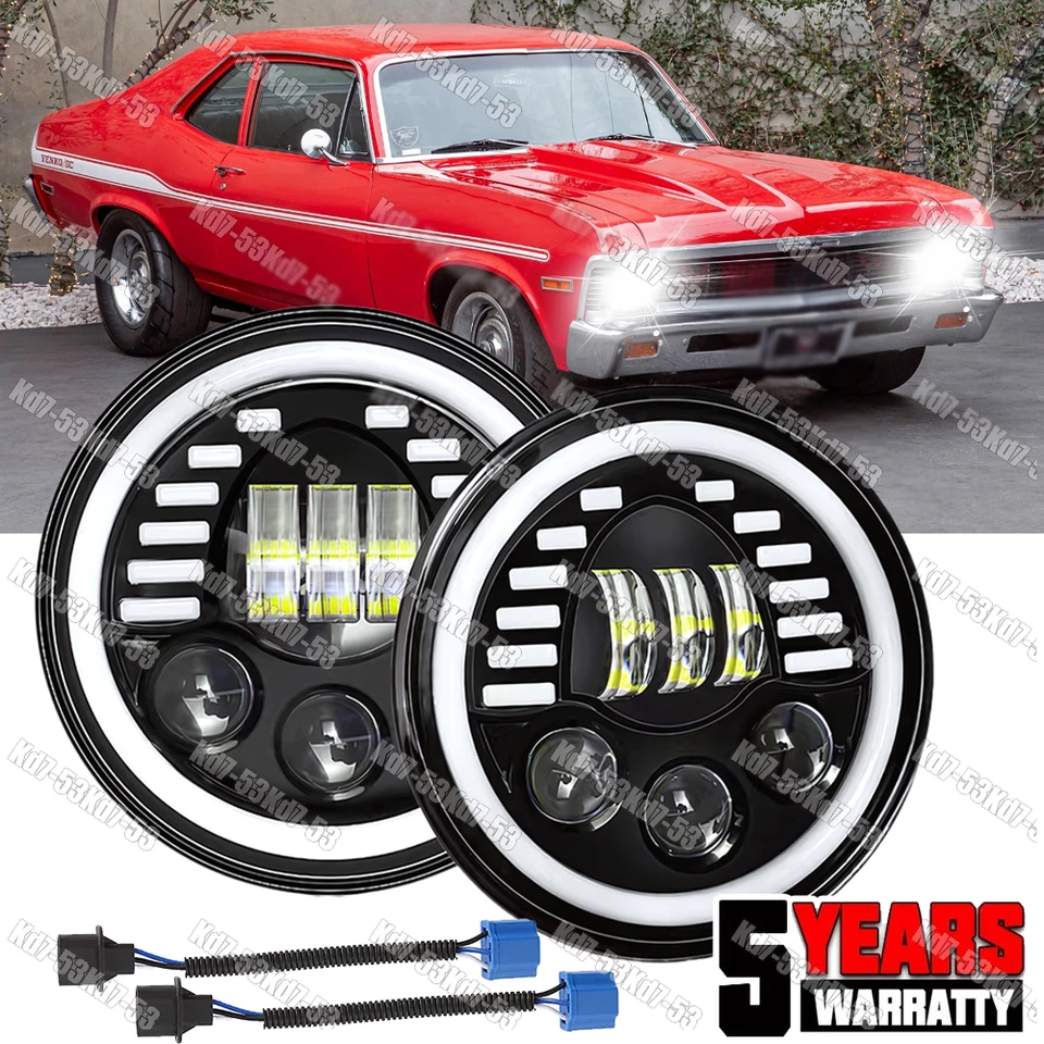 Pair 7" Round LED Headlights Hi/Lo Beam For Chevy Nova 1969 1970 1971 1972- 1979 - Image 1 of 4