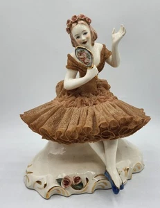 Dresden Figurine California Dresden Lace Woman Sitting With Mirror 9.5" 1940'S - Picture 1 of 15