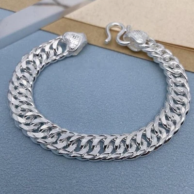Real 999 Fine Silver Bracelet 11mm Curb Link Chain Women Men's Bracelet 7.9-8.3" - Image 1 of 4
