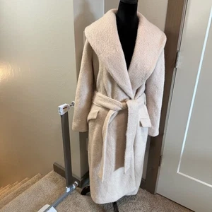Express Women's Wrap Tie Front Wool Blend Longline Coat Cream Ivory Cape Drape M - Picture 1 of 9
