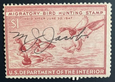 LOT of 10 Pre-owned Federal Bird Hunting Stamps 1946-1983; mostly F-XF Condit'n. - Image 1 of 4