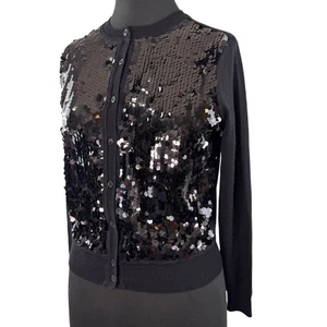 Ann Taylor schwarze Strickjacke Pullover Pailletten Rundhalsausschnitt Knopf Petite XS X-Small NEU - Bild 1 von 5