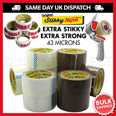 STIKKY TAPE Packing Parcel Tape Dispenser Box Packaging Brown Clear Fragile Printed 72 Rolls