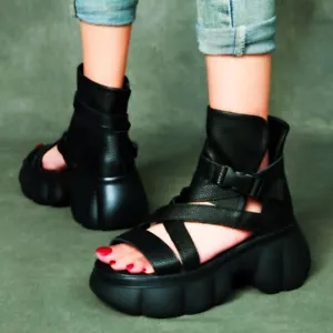 Thick Sole Ankle Boots Women Genuine Leather Gladiator Sandals Platform Creepers - Picture 1 of 10