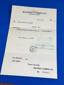 Carta de recibo mecanografiada de 1912 MACHIAS LUMBER Co. billete $18,62 ~ Machias, ME - Imagen 1 de 5