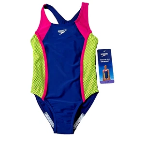 NWT Speedo 1-Piece Youth Girls Small UPF50+ Racerback Swimsuit Blue Pink Stretch - Picture 1 of 10