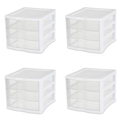 Unidad de 3 cajones Sterilite 17918004, marco blanco con cajones transparentes, paquete de 4 Foto 1 de 4
