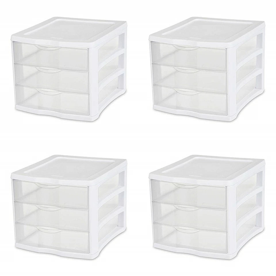 Unidad de 3 cajones Sterilite 17918004, marco blanco con cajones transparentes, paquete de 4 Foto 1 de 4