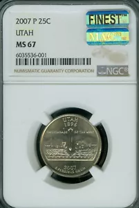 2007 P UTAH QUARTER NGC MS67 PQ FINEST BUSINESS STRIKE MAC SPOTLESS POP 10 . - Picture 1 of 2