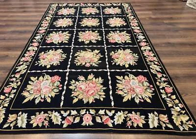Black Floral Needlepoint Rug 5x9, European Panel Design, Vintage Carpet - Image 1 of 4