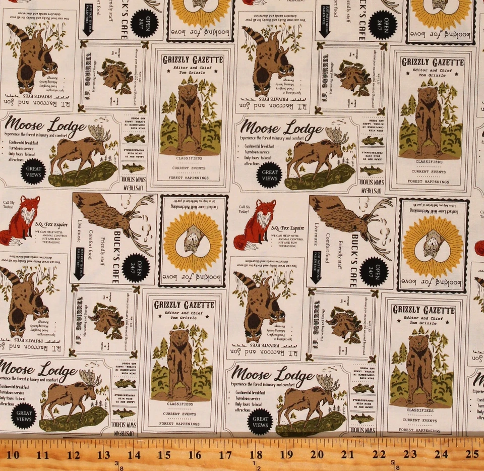 Cotton The Great Outdoors Vintage Forest Advertising Fabric Print BTY D474.68 - Image 1 of 1