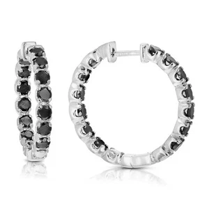 Black Diamond Earrings for Women 4 CT Sterling Silver Round Dangle Hoops 1 Inch - Picture 1 of 6