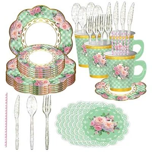 Tea Party Supplies Floral Dinnerware 16 Guests Paper Tea Cups with Saucer, Plate - Bild 1 von 19
