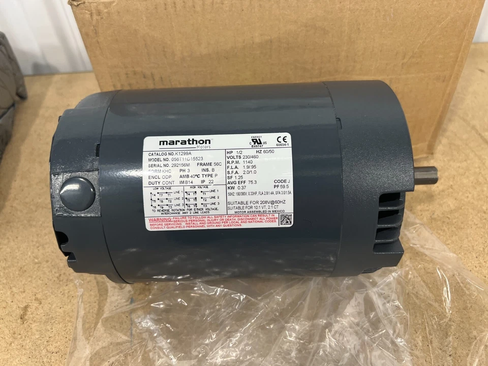 Marathon Motors 056T11D15523, 1/2 HP Motor, 1140 RPM, 230/460V, 3 Phase, K1299A - Image 1 of 4