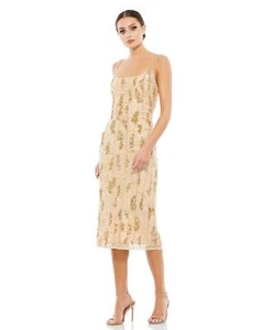 Mac Duggal 10770 Beaded Square Neck Midi Dress Sz 4 Nude Gold - Picture 1 of 2