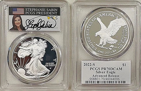 2022-S $1 Silver Eagle Proof ADVANCED RELEASE  PCGS PR70  Signed by PCGS' Sabin Cover