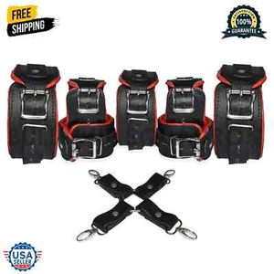 Restraint Cowhide Leather Cuffs & Neck Collar Wrist, Ankle & Thigh Black Set - Picture 1 of 7