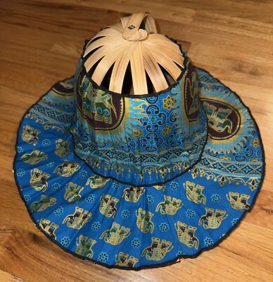 Vintage Thai Hat Wide Brim  Elephant Designs~Bamboo Foldable Sun Shader Hat - Image 1 of 4