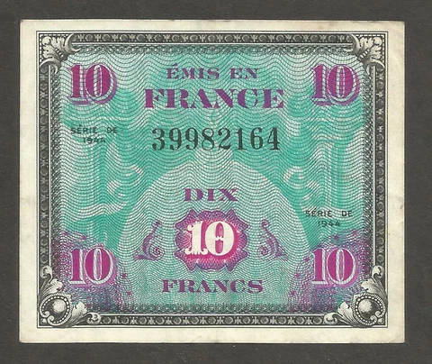 France 10 Francs 1944; EF+; P-116a; Operation Tom Cat; MPC; WWII Cover