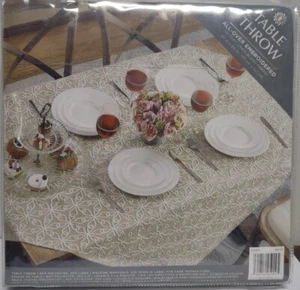 Embroidered Table Throw Beige & White Soft Linen Blend Floral 50"x50" Tablecloth - Picture 1 of 2