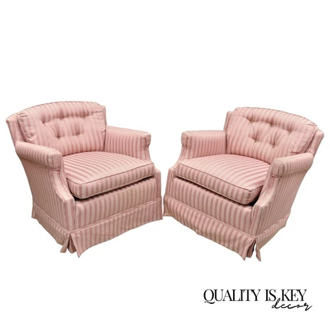 Pair Vintage Custom Pink Candy Stripe Upholstered Swivel Tilt Club Lounge Chairs Cover
