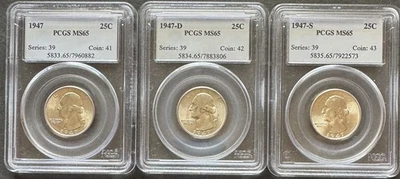 1947-PDS Set of Washington Silver Quarters PCGS MS65      Free US Shipping - Image 1 of 2