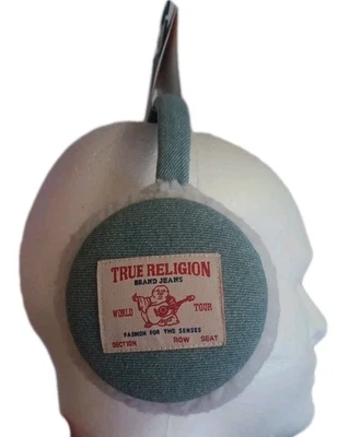 Orejeras parche logotipo True Religion nuevas con etiquetas azul denim forrado sherpa. Parche Foto 1 de 3